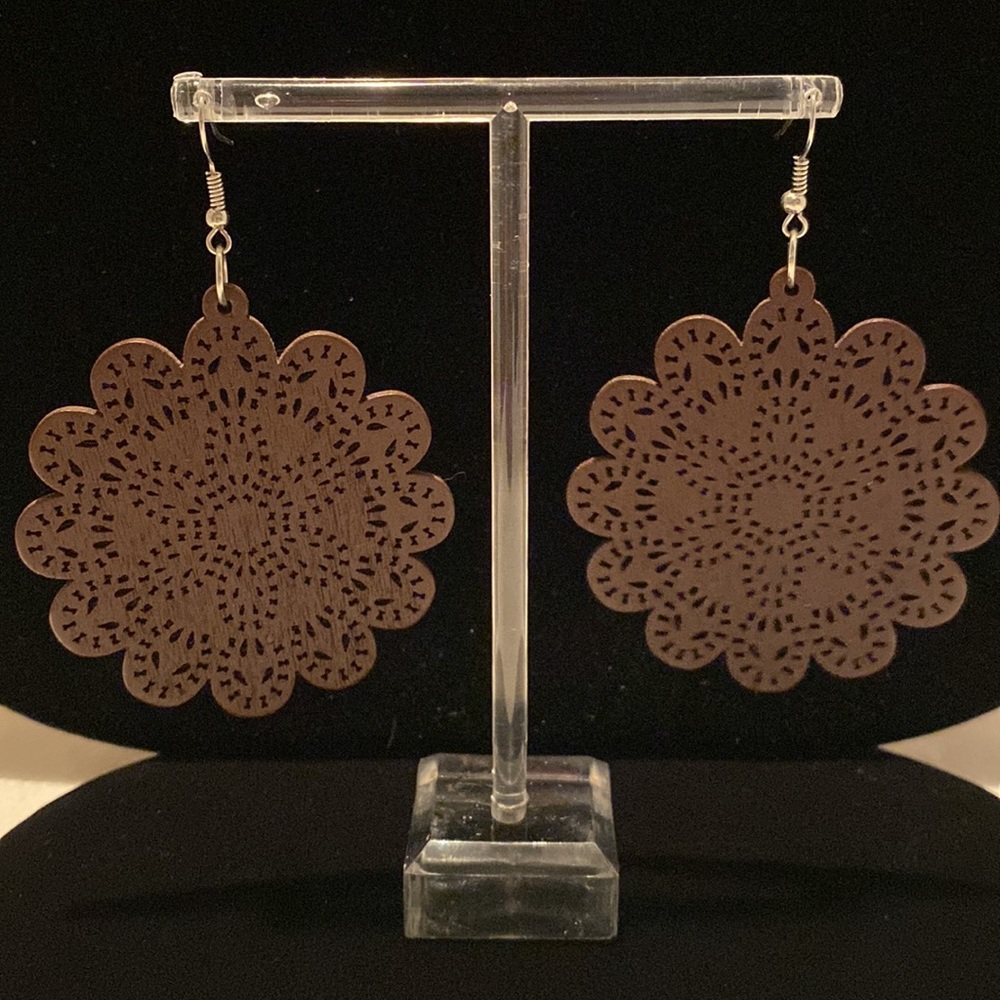 Boho style large wooden laser cut flower earrings pierced